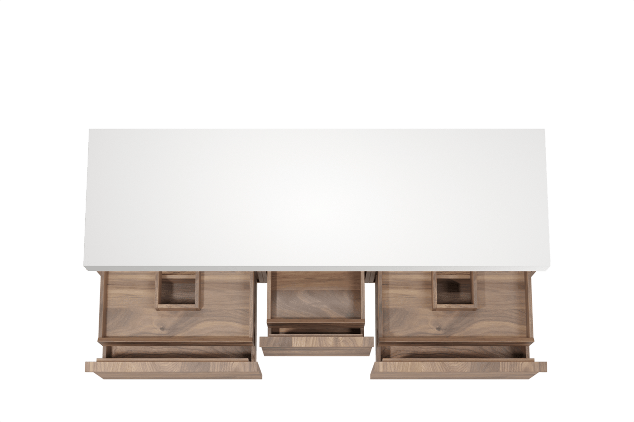 Balmani Forma zwevend badkamermeubel 180 x 55 cm amerikaanse notelaar met Dominus enkel of dubbel tablet in solid surface mat wit, Horizontale symmetrische rechte ribbel