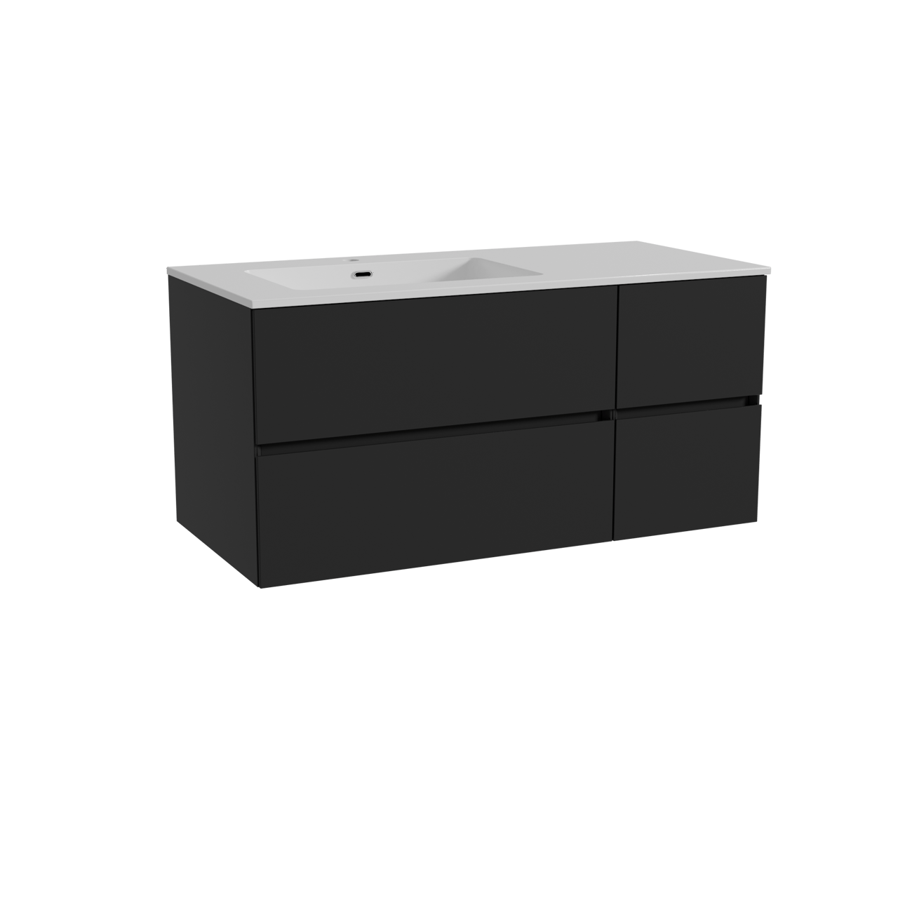 Storke Edge meuble salle de bains suspendu 110 x 52 cm noir mat avec Diva plan vasque asymétrique à gauche en marbre composite blanc brillant
