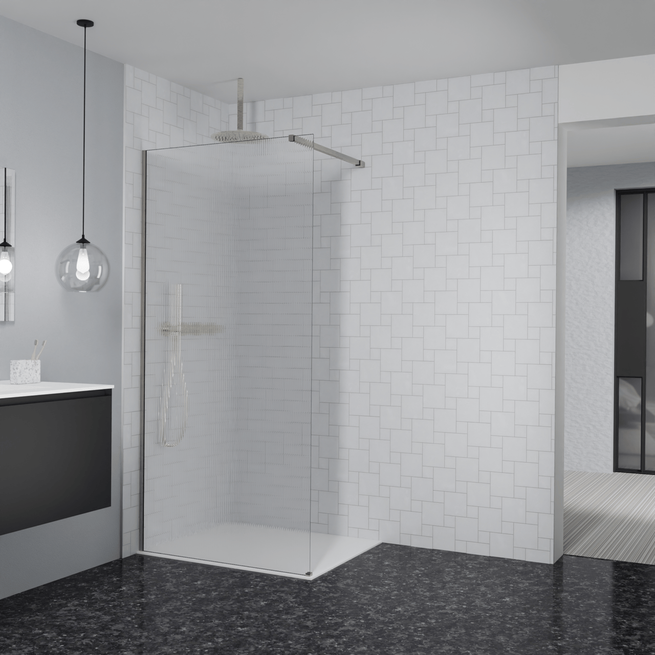 Balmani Modular Walk-In Dusche: 100 x 200 cm, Ribs, inklusive Coating, Profil Brushed CoolMetal
