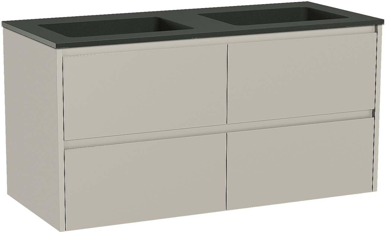 Storke Seda zwevend badmeubel 120 x 52 cm zijdegrijs met Scuro dubbele wastafel in kwarts mat zwart