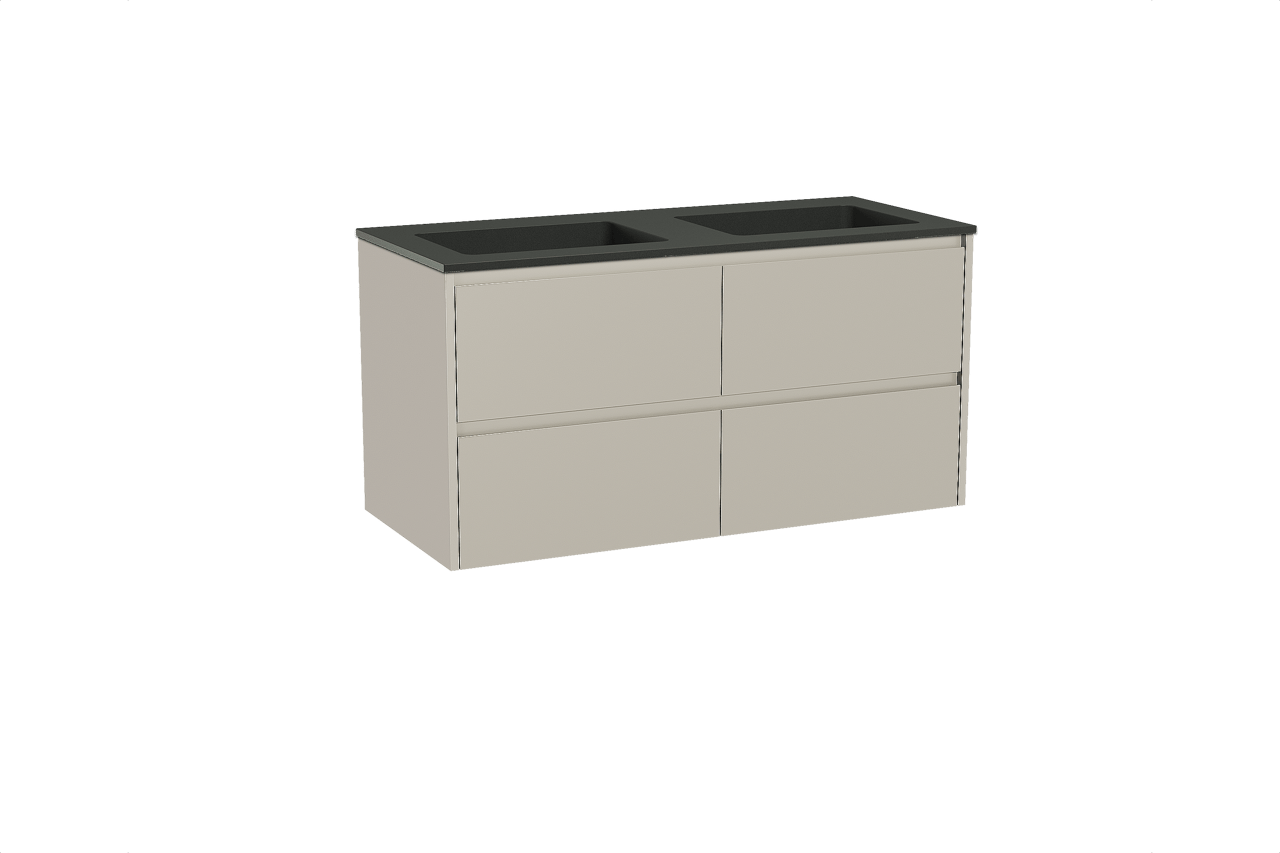 Storke Seda hängendes Möbelstück Set: 120 x 52 cm, Seidengrau, mit Scuro Doppelwaschtisch, Quarz Schwarz matt