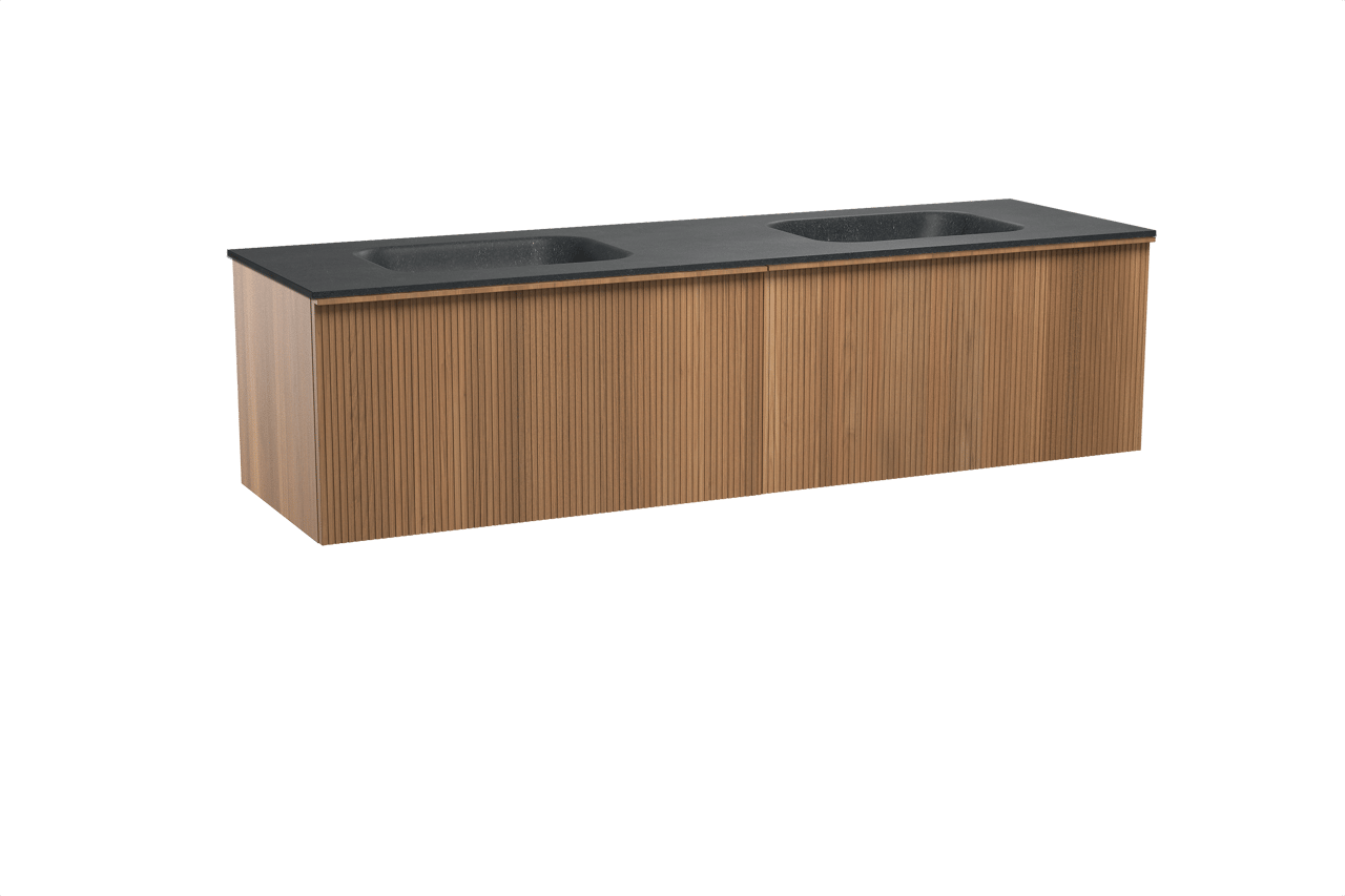 Balmani Forma meuble salle de bains suspendu 180 x 55 cm teck avec Tablo Arcato double vasque en granit noir, Nervure droite symétrique verticale