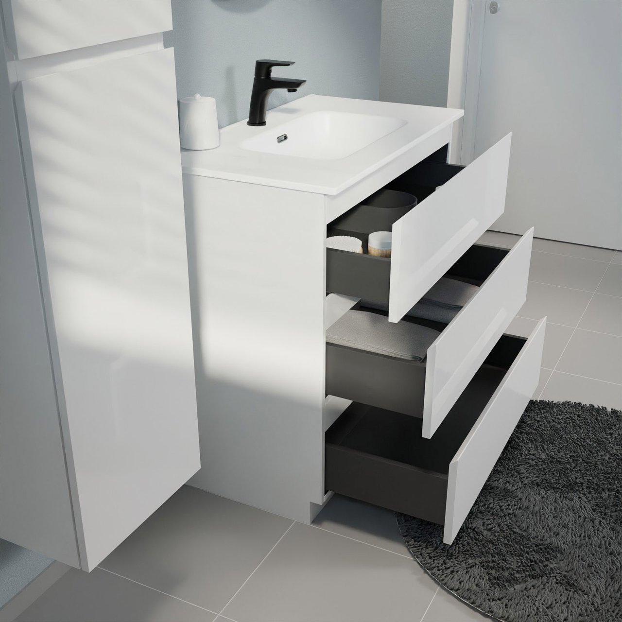 Linie Lado staand badkamermeubel 80 x 46 cm mat wit met Baro enkele wastafel in porselein mat wit