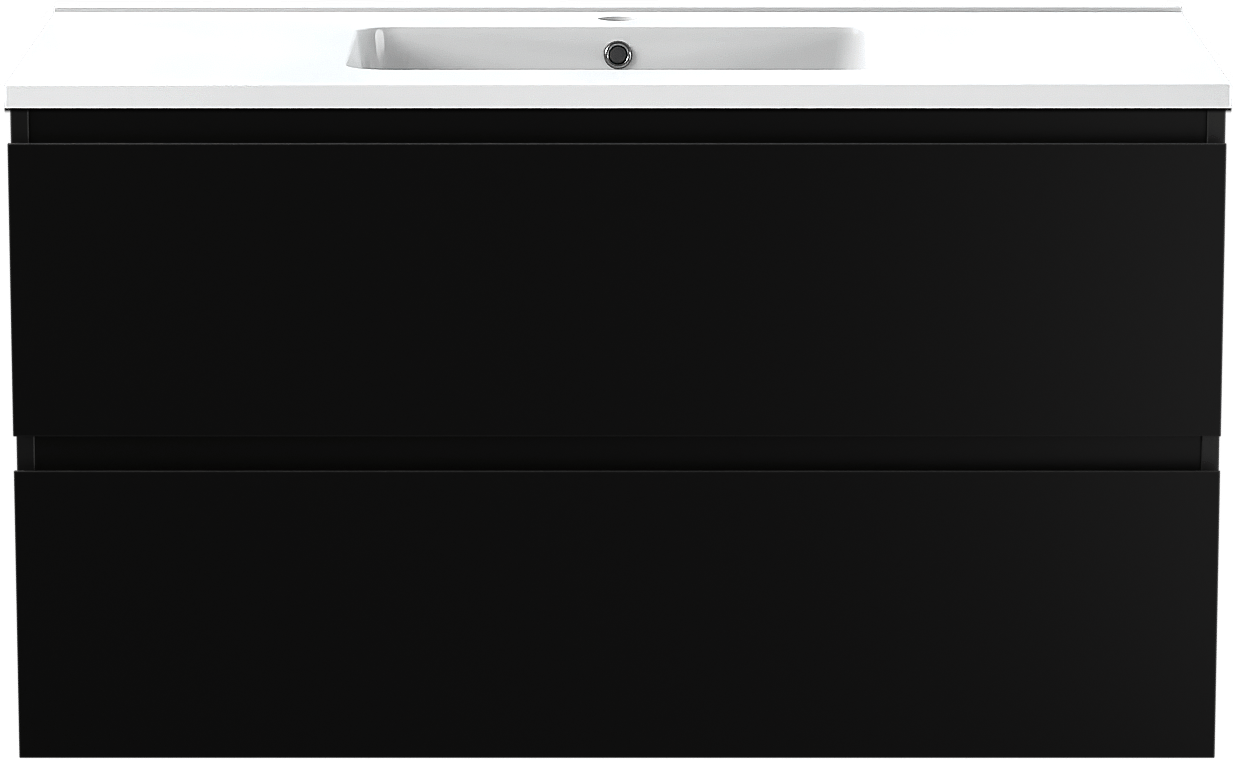 Linie Lado zwevend badmeubel 100 x 46 cm mat zwart met Vano enkele wastafel in composietmarmer hoogglans wit