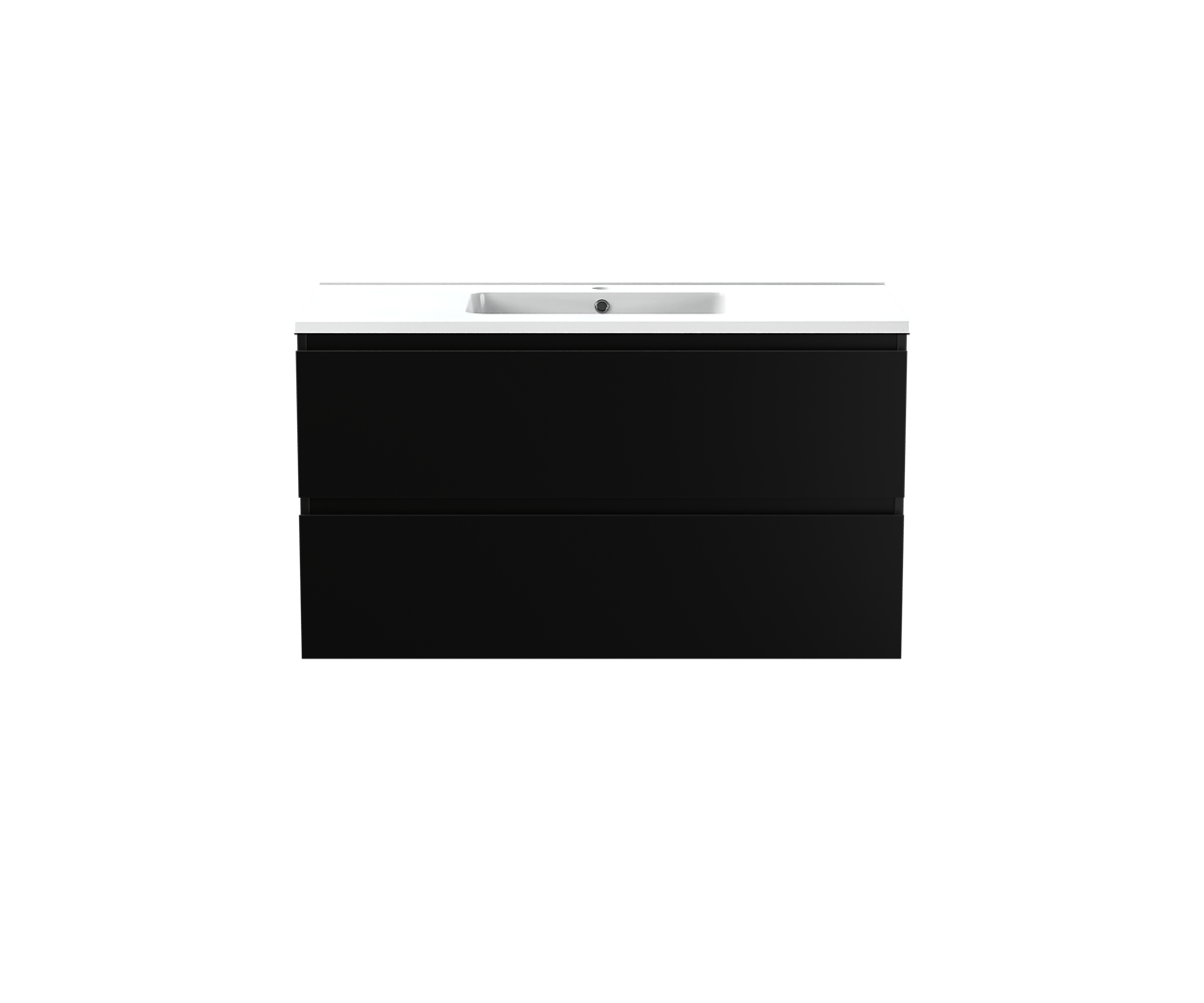 Linie Lado hängendes Möbelstück Set: 100 x 46 cm, Schwarz matt, mit Vano Einzelwaschtisch, Marmorkomposit Weiß glänzend