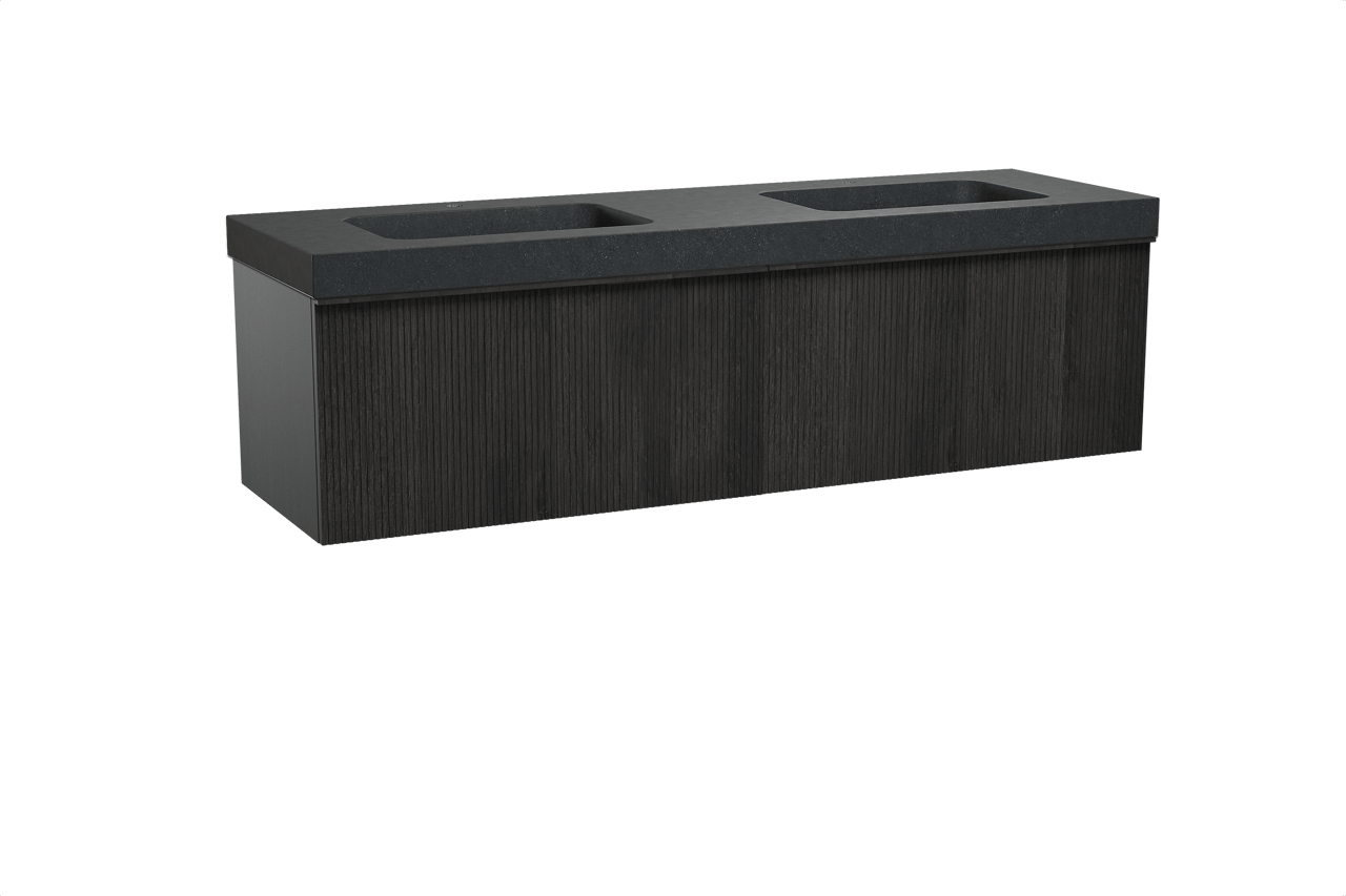 Balmani Forma hängendes Möbelstück Set: 180 x 55 cm, Schwarze Eiche, mit Napoli Doppelwaschtisch, Granit, Schwarzes Granit, Vertikale symmetrische gerade Rippe