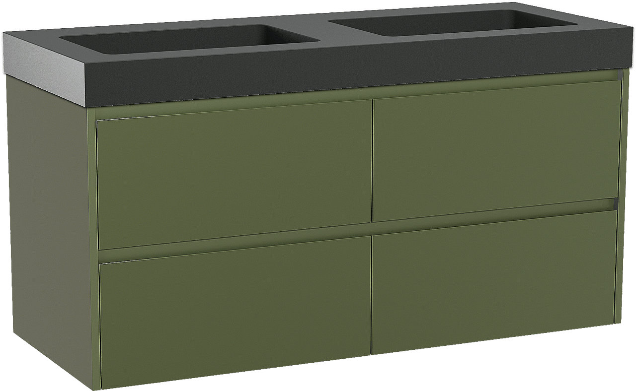 Storke Seda zwevend badmeubel 130 x 52 cm olijfgroen met Scuro High dubbele wastafel in kwarts mat zwart