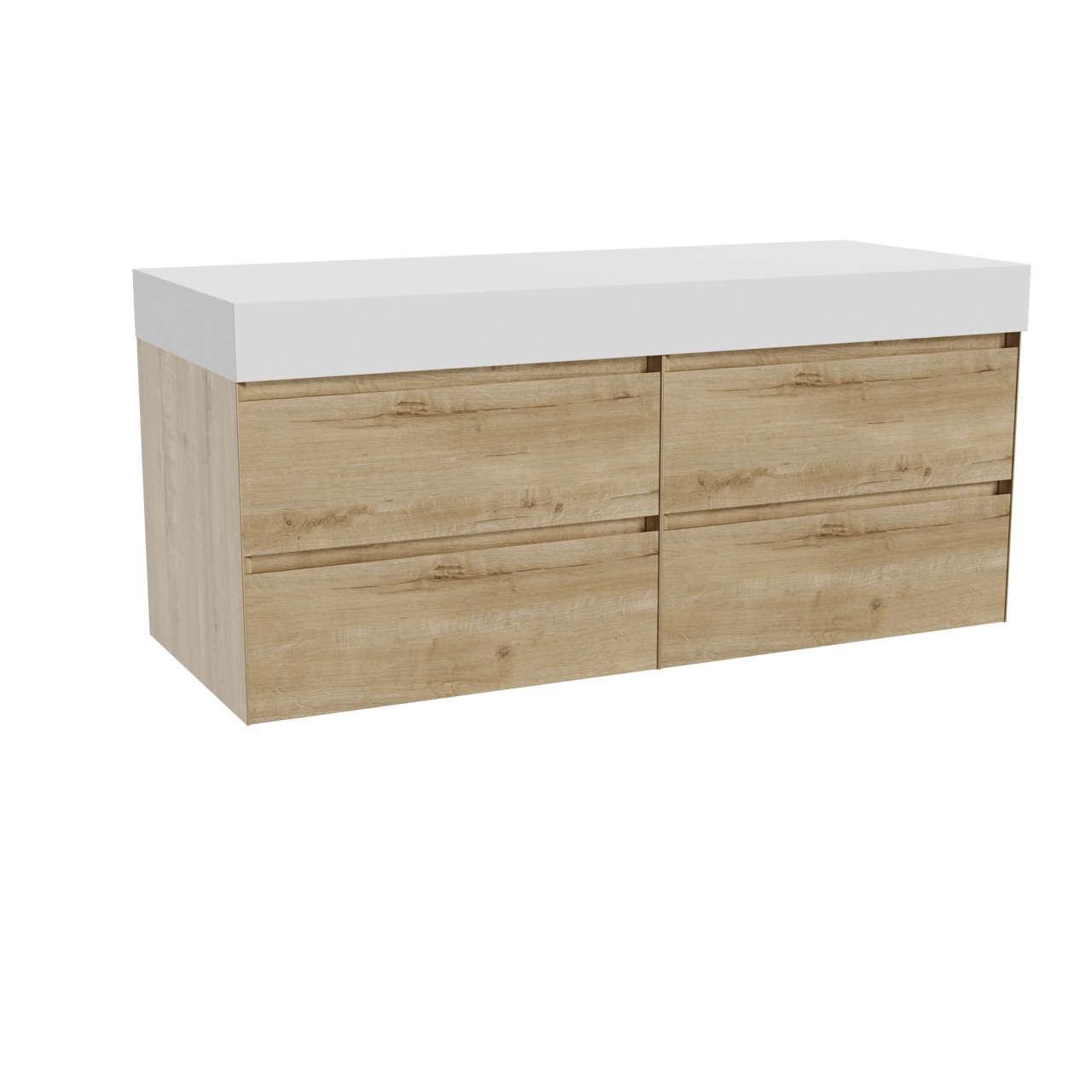 Balmani Mitra meuble salle de bains suspendu 135 x 55 cm chêne brut avec Dominus tablette simple ou double en solid surface blanc mat