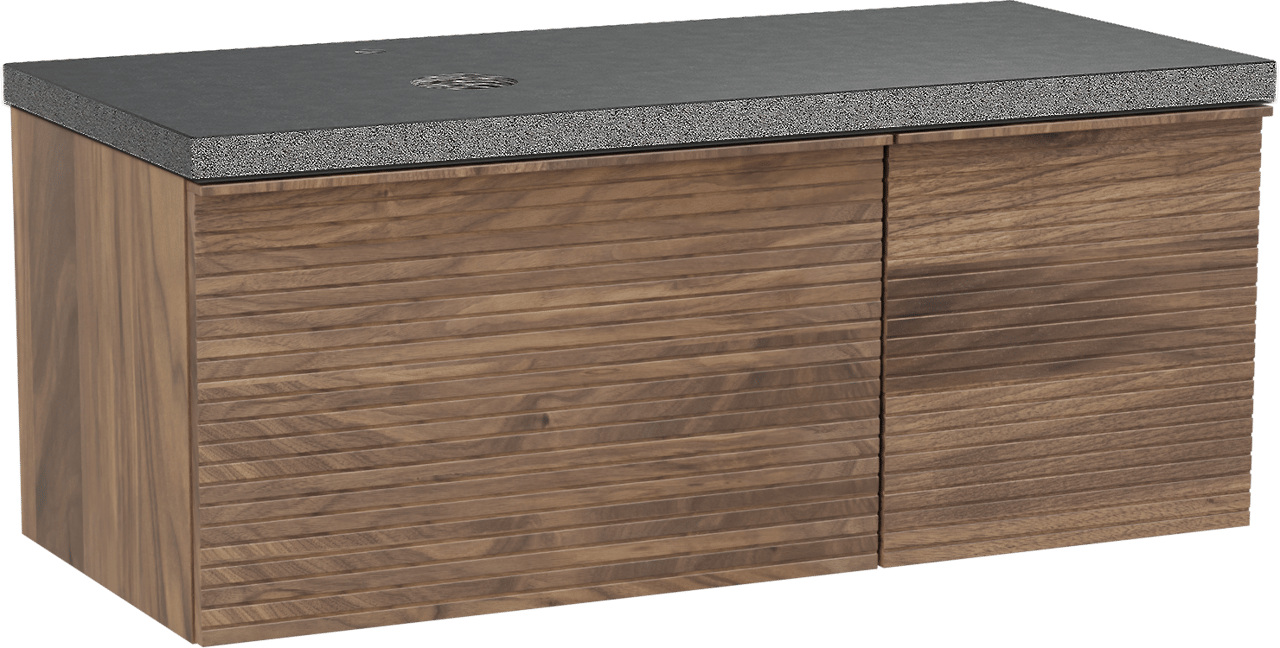 Balmani Forma hängendes Möbelstück Set: 120 x 55 cm, Amerikanischer Nussbaum, mit Rock Waschtisch links, Granit, Schwarzes Granit, Horizontale symmetrische gerade Rippe