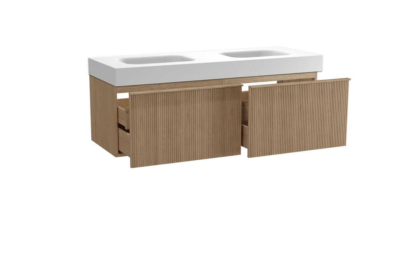 Balmani Forma zwevend badkamermeubel 150 x 55 cm natuur eik met Arcato dubbele wastafel in solid surface mat wit, Verticale symmetrische rechte ribbel