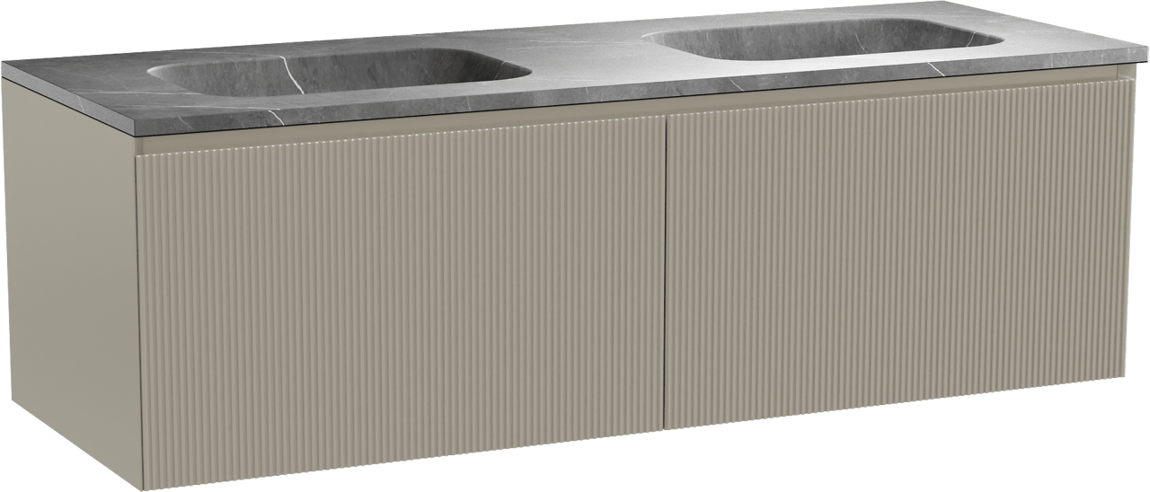 Balmani Fila zwevend badkamermeubel 150 x 55 cm steengrijs met Tablo Arcato dubbele wastafel in marmer pietra grey, Verticale symmetrische rechte ribbel