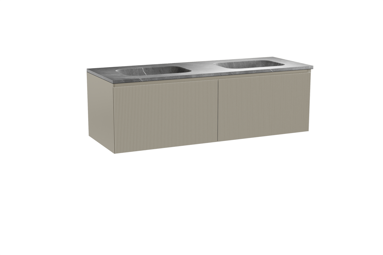 Balmani Fila zwevend badkamermeubel 150 x 55 cm steengrijs met Tablo Arcato dubbele wastafel in marmer pietra grey, Verticale symmetrische rechte ribbel