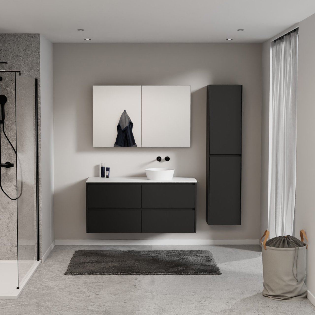 Storke Seda meuble salle de bains suspendu 130 x 52 cm noir mat avec Tavola tablette simple ou double en solid surface blanc mat