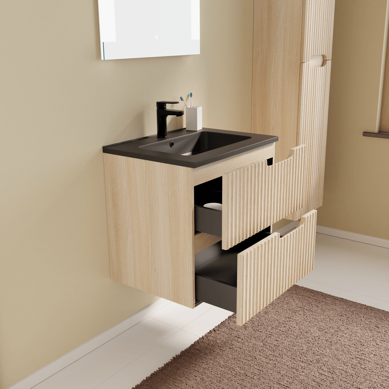 Linie Ribbo meuble salle de bains suspendu 60 x 46 cm chêne clair avec Vano plan simple en marbre composite noir mat, Nervure circulaire symétrique verticale