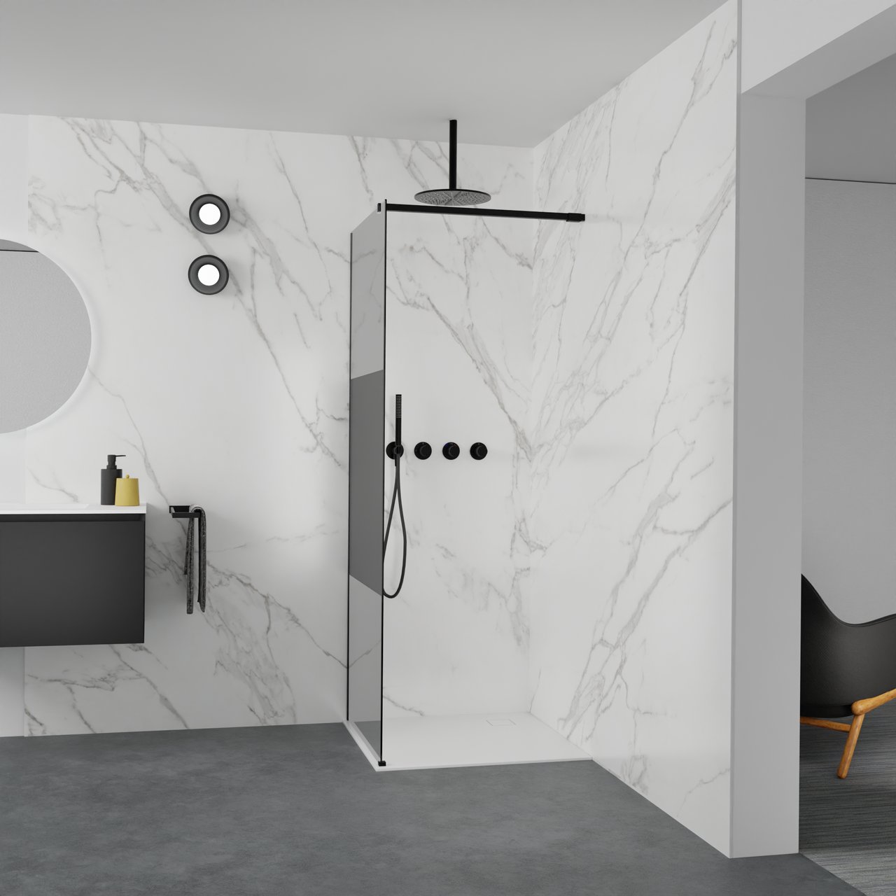Balmani Modular douche à l'italienne: 80 x 200 cm, Verre fumé avec bande matte, Profil Noir mat