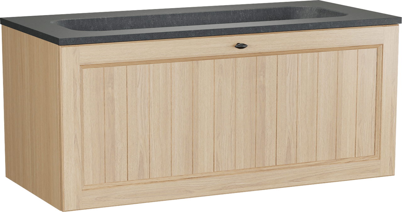 Balmani Lemon zwevend badmeubel 120 x 55 cm, fineer naturel eiken met Tablo Arcato enkele wastafel voor 2 kraangaten in zwart graniet