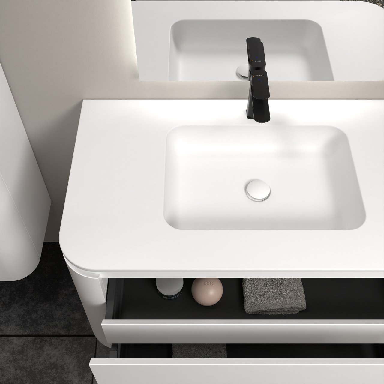 Balmani Moon hängendes Möbelstück Set: 130 x 55 cm, Weiß matt, mit Moon Einzel- oder Doppel Waschtischplatte, Solid Surface Weiß matt