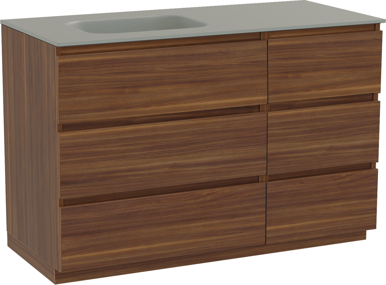 Balmani Lucida meuble salle de bains à poser 120 x 55 cm noyer américain avec Tablo Arcato plan vasque asymétrique à gauche en solid surface gris pierre