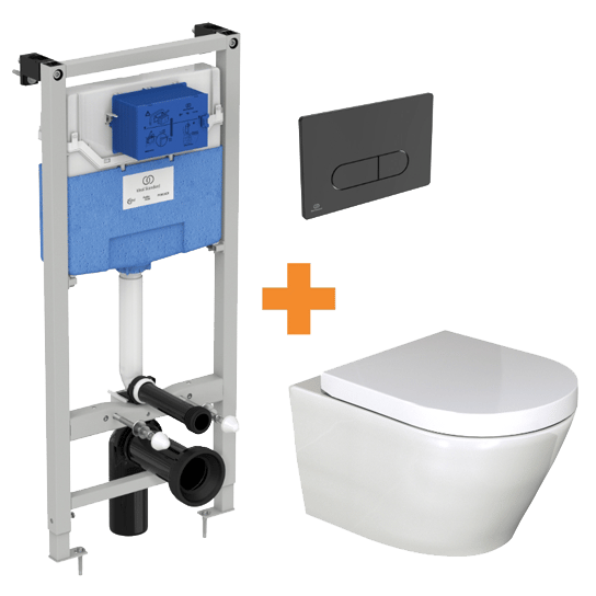 Luca Varess Calibro WC suspendu blanc brillant sans bride avec bâti-support et Ideal Standard Oleas M1 noir mat plaque de commande gratuit