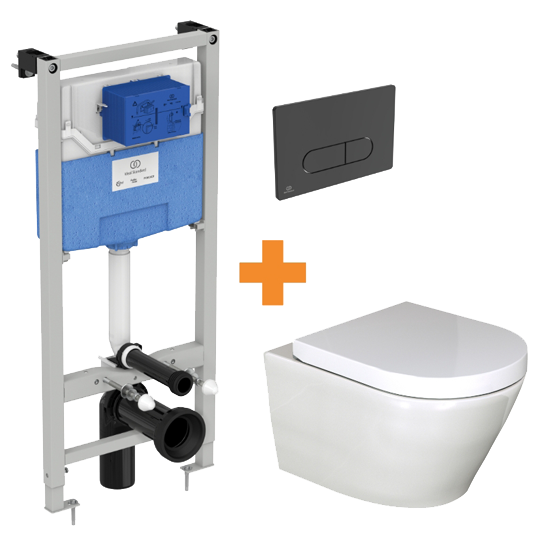 Luca Varess Calibro hangtoilet glanzend wit randloos met inbouwreservoir en gratis Ideal Standard Oleas M1 mat zwart bedieningspaneel