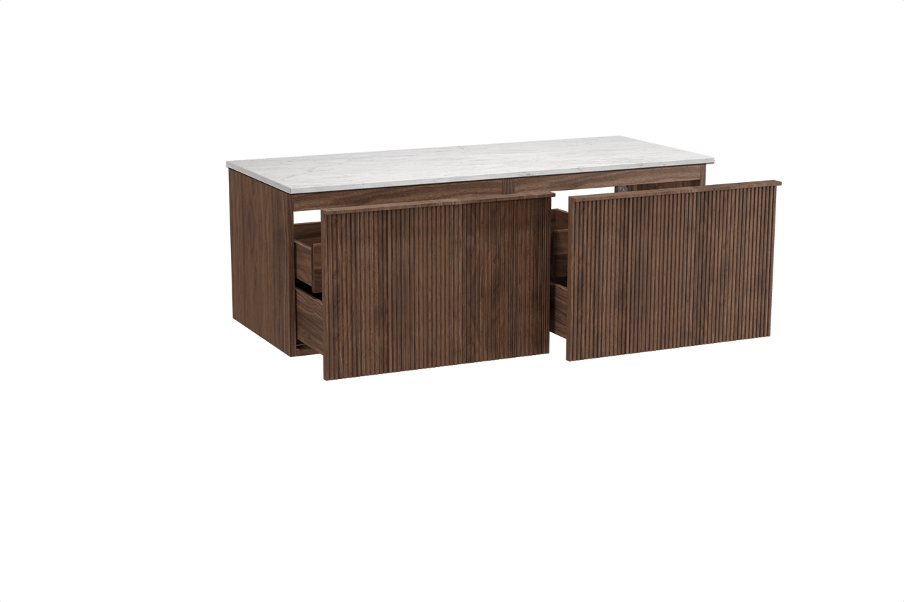 Balmani Forma hängendes Möbelstück Set: 135 x 55 cm, Amerikanischer Nussbaum, mit Stretto Einzel- oder Doppel Waschtischplatte, Marmor, Carrara, Vertikale symmetrische gerade Rippe