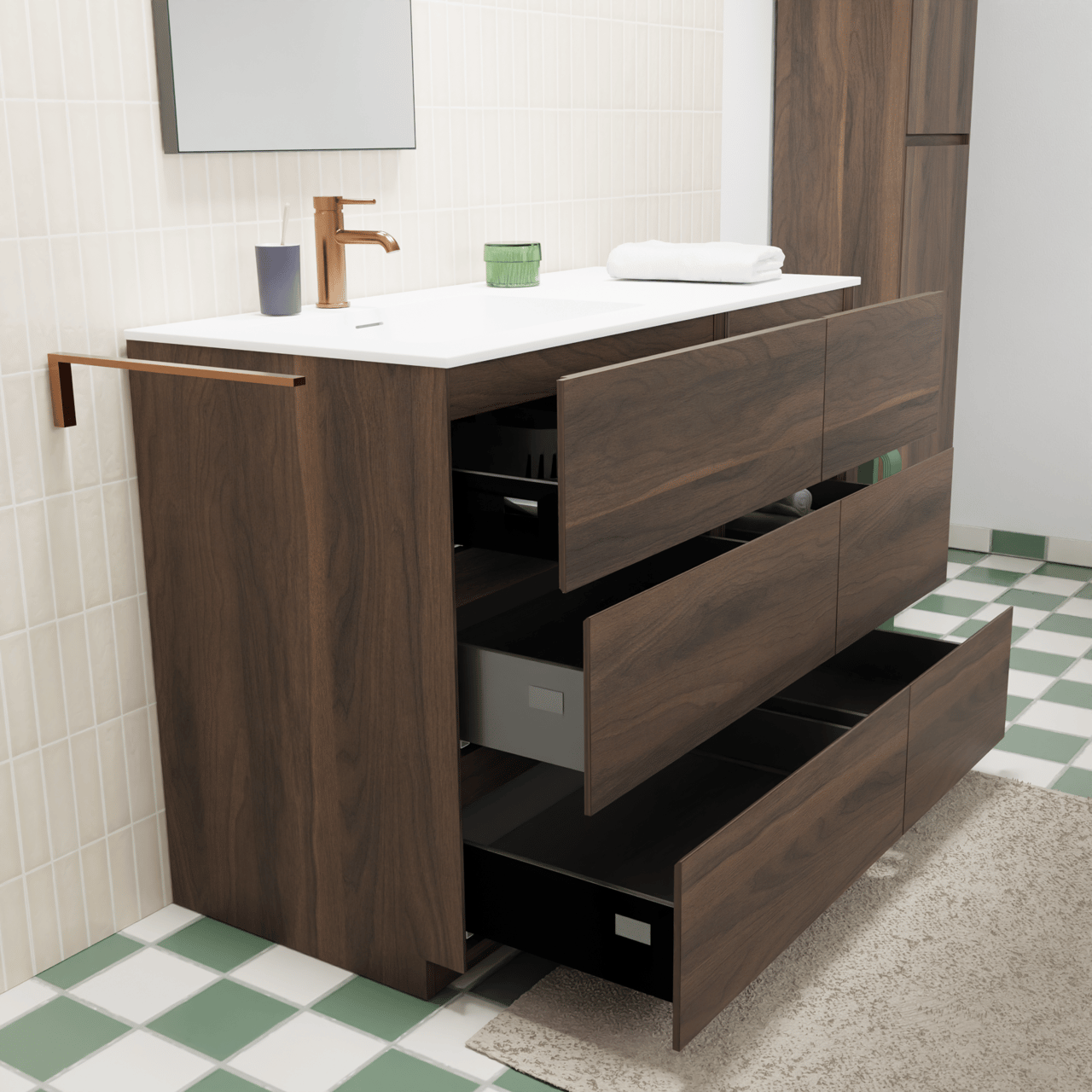 Storke Edge meuble salle de bains à poser 110 x 52 cm noyer avec Mata plan vasque asymétrique à gauche en solid surface blanc mat