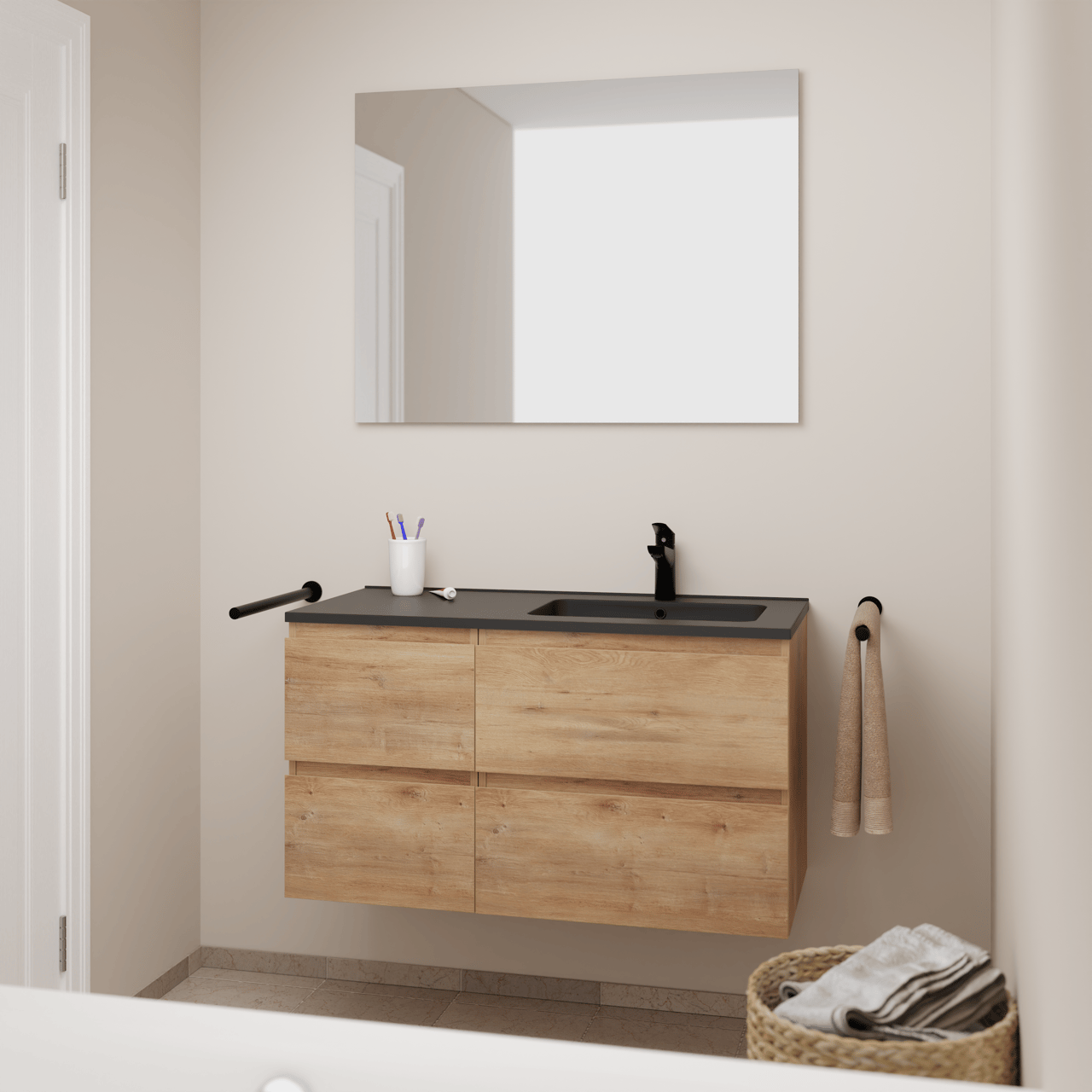 Linie Lado meuble salle de bains suspendu 100 x 46 cm chêne naturel avec Vano vasque asymétrique droite en marbre composite noir mat et Soto miroir