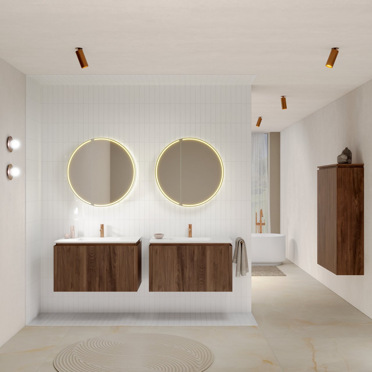 Balmani Eclips meuble salle de bains suspendu 90 x 55 cm Noyer américain avec Eclips plan simple en Solid Surface blanc mat