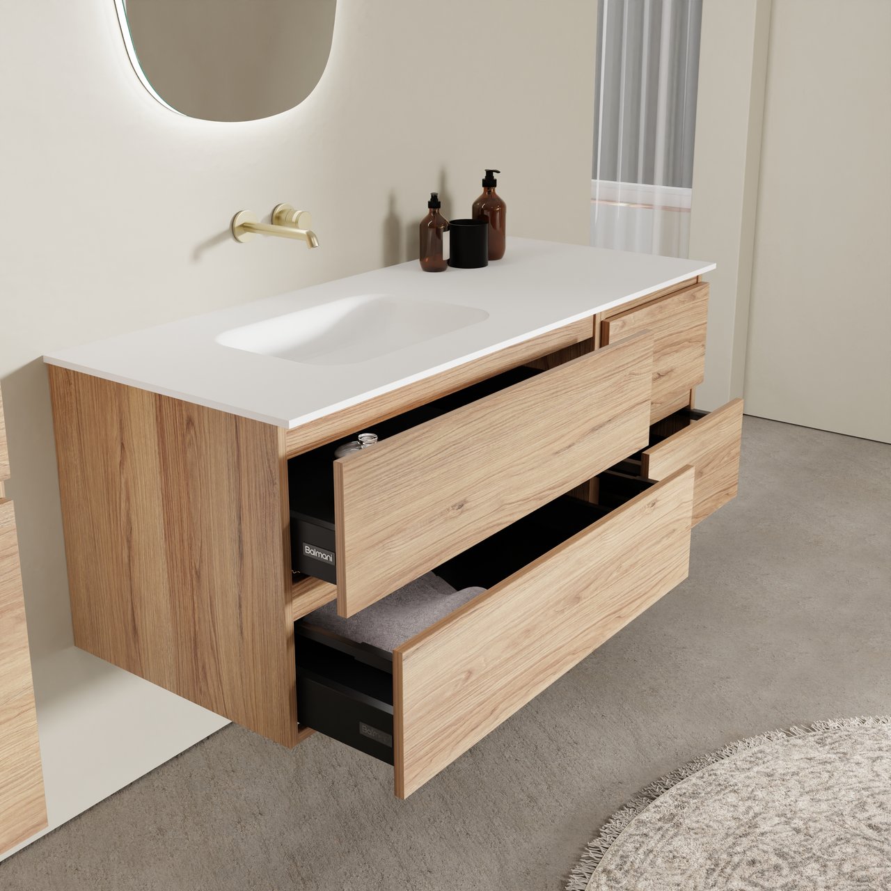 Balmani Lucida hängendes Möbelstück Set: 135 x 55 cm, Teak, mit Tablo Arcato Waschtisch links, Solid Surface Weiß matt