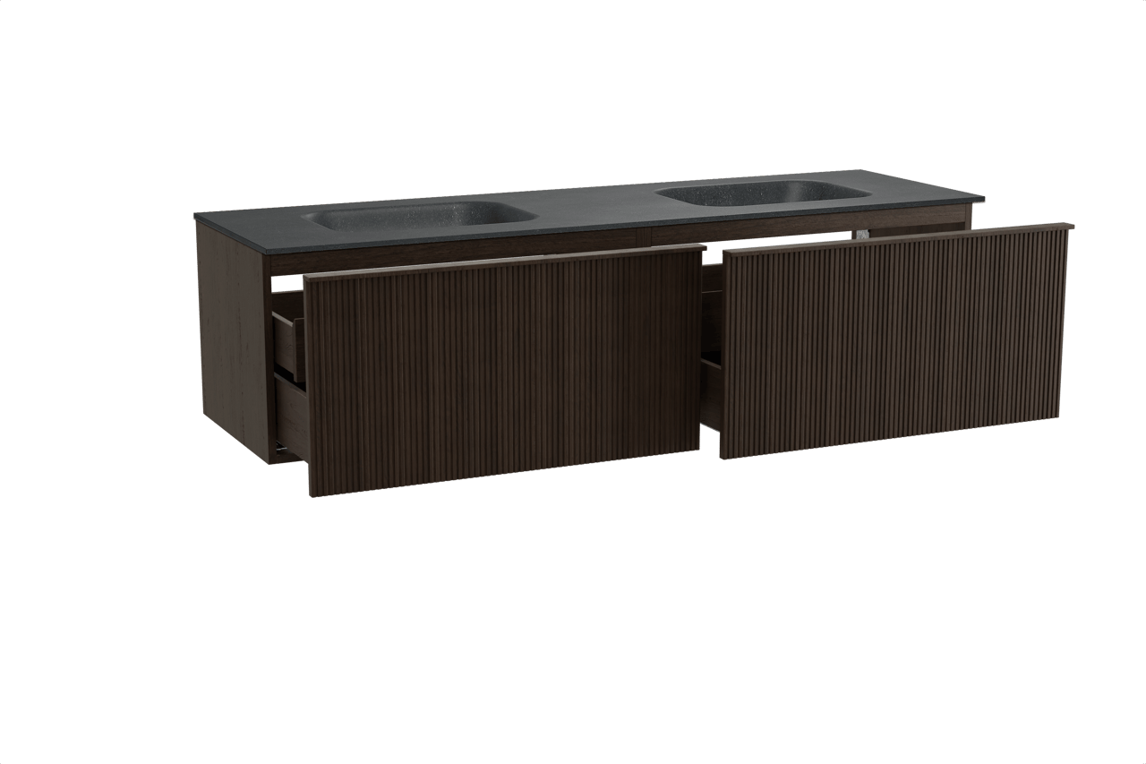 Balmani Forma meuble salle de bains suspendu 180 x 55 cm chêne fumé avec Tablo Arcato double vasque en granit noir, Nervure droite symétrique verticale