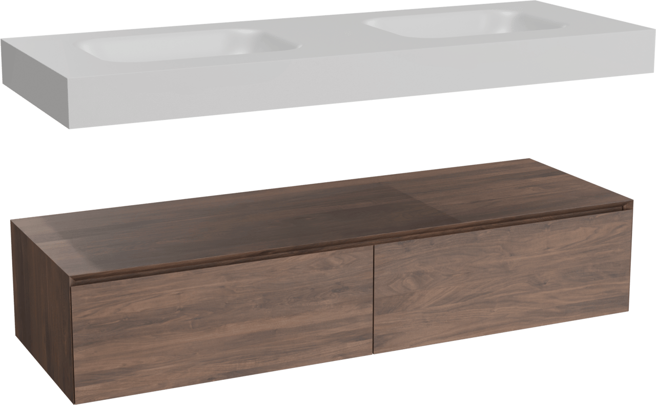 Balmani Mitra Elements meuble salle de bains suspendu 150 x 55 cm noyer américain avec Arcato double vasque en solid surface blanc mat