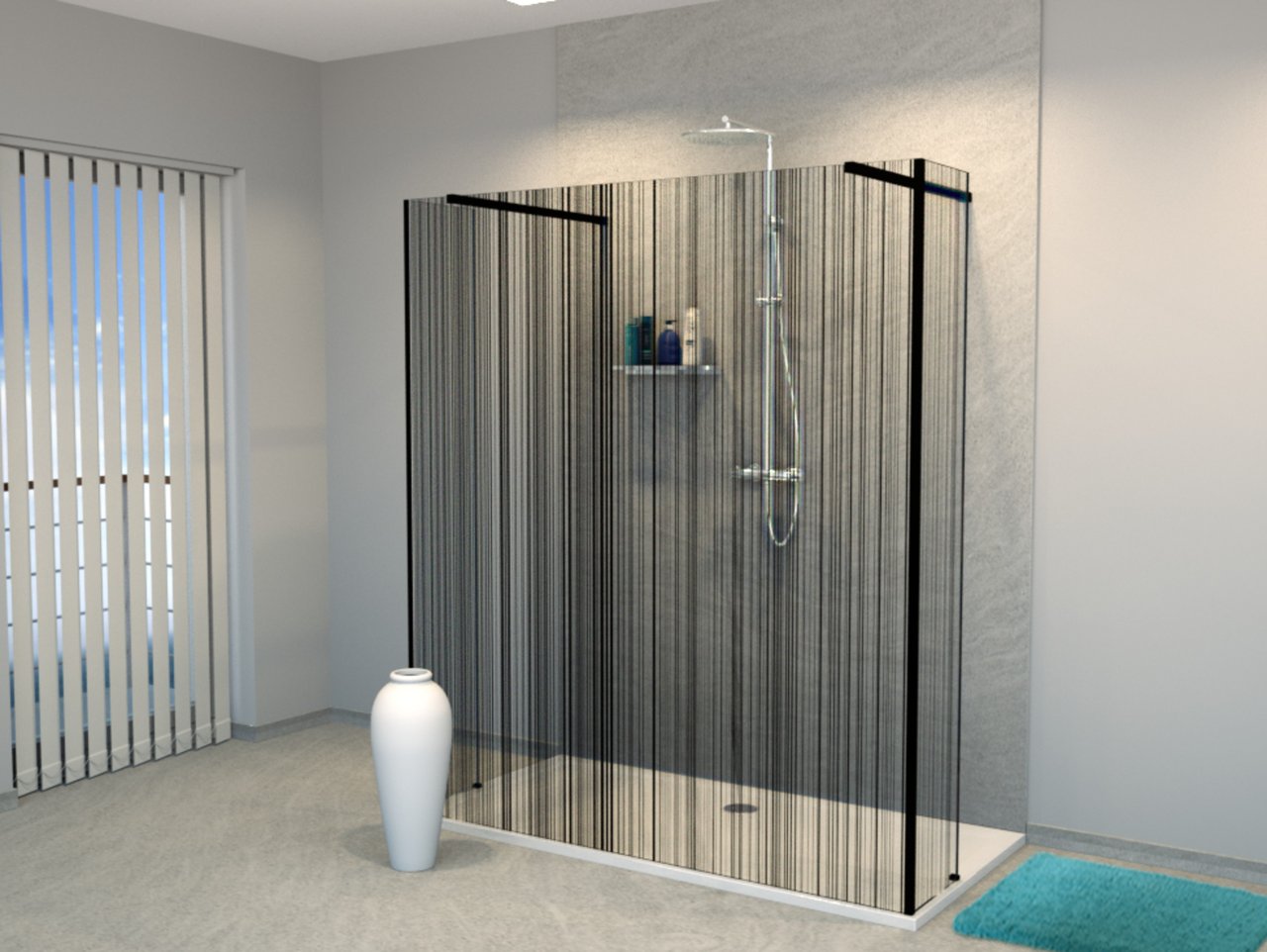 Balmani Modular inloopdouche met vrijstaande wand en vast paneel 180 x 200 cm barcode zwart glas mat zwart profiel