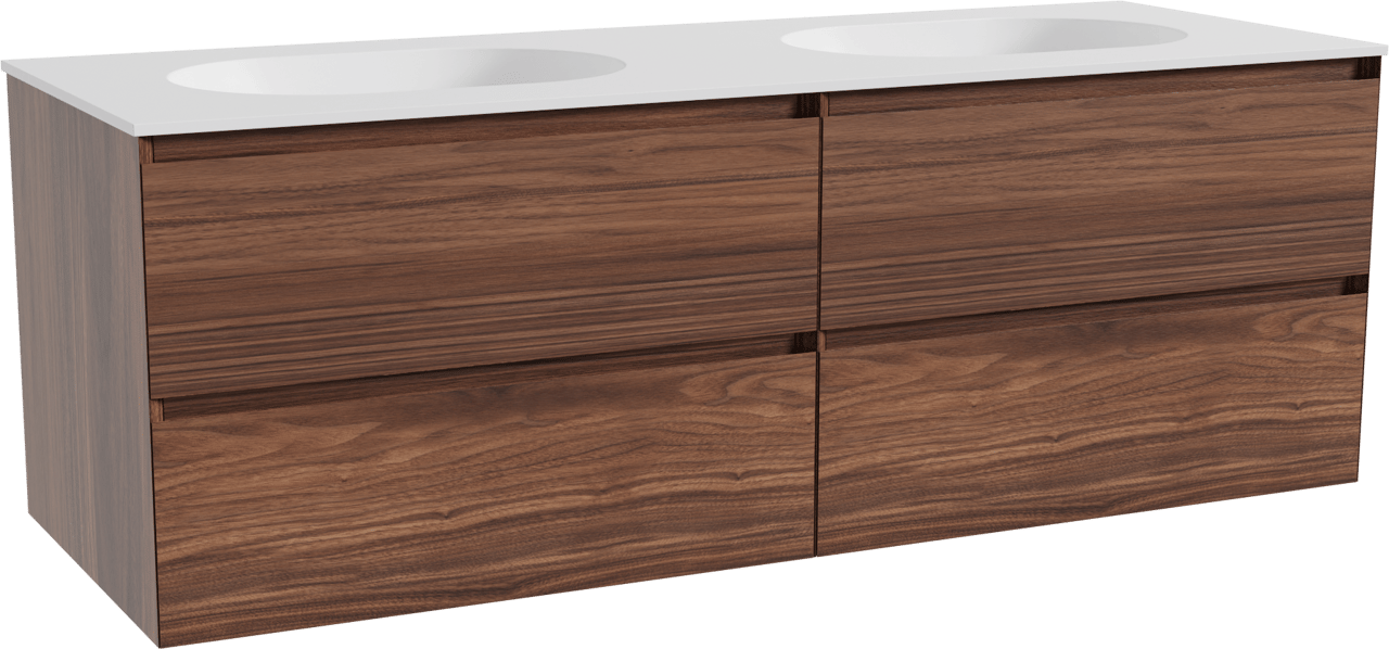 Balmani Mitra zwevend badmeubel 150 x 55 cm notenhout met Tablo Oval dubbele wastafel in solid surface mat wit