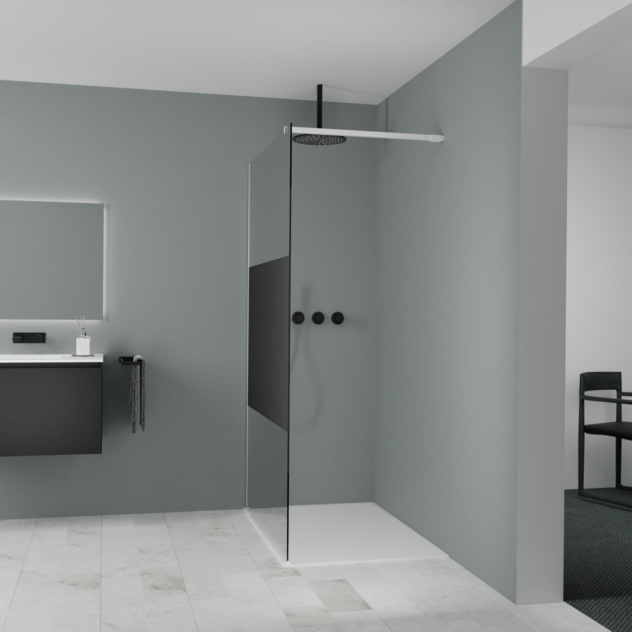 Balmani Modular douche à l'italienne: 120 x 200 cm, Verre fumé avec bande matte, avec coating, Profil Blanc mat