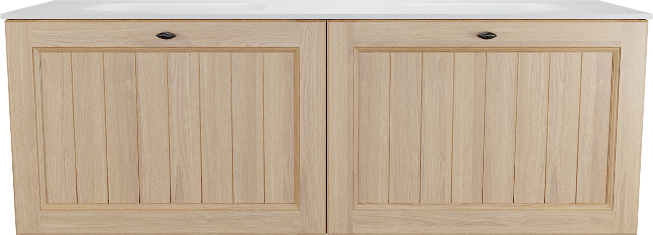 Balmani Lemon zwevend badkamermeubel 150 x 55 cm, fineer natuur eik met Tablo Arcato dubbele wastafel in mat wit