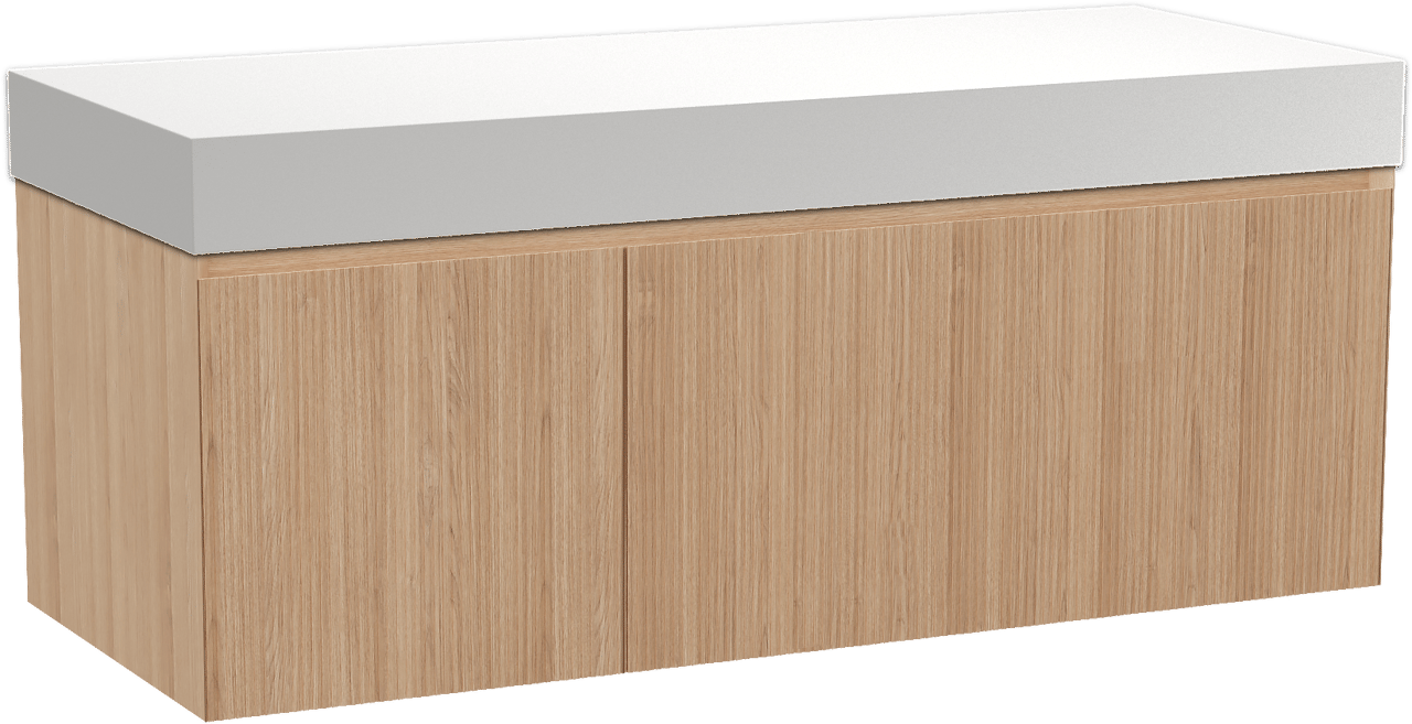 Balmani Fila zwevend badkamermeubel 135 x 55 cm natuur eik met Dominus enkel of dubbel tablet in solid surface mat wit, Verticale symmetrische rechte ribbel