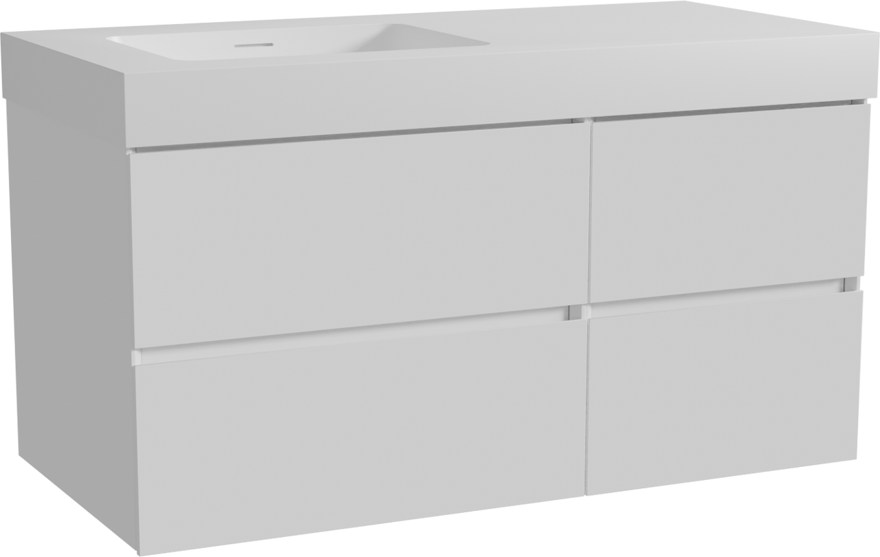 Storke Edge hängendes Möbelstück Set: 110 x 52 cm, Weiß glänzend, mit Mata High Waschtisch links, Solid Surface Weiß matt