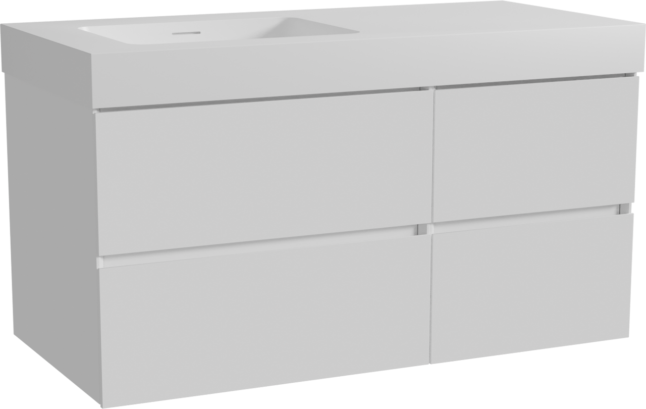 Storke Edge zwevend badmeubel 110 x 52 cm hoogglans wit met Mata High asymmetrisch linkse wastafel in solid surface mat wit