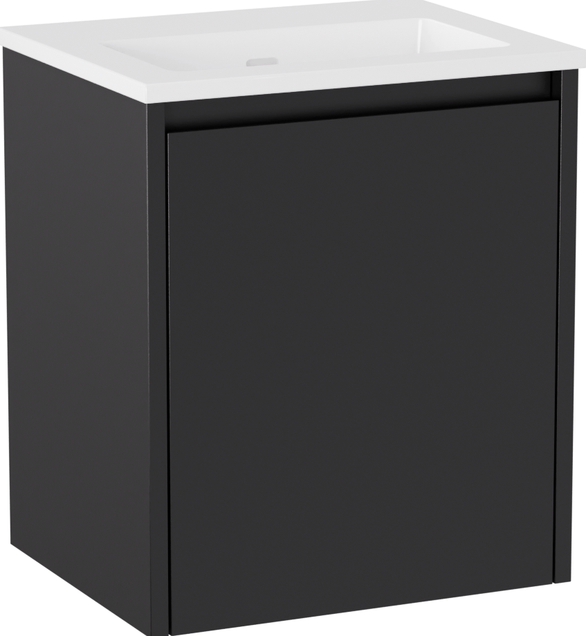 Storke Seda hängendes Möbelstück Set: 45 x 35 cm, Schwarz matt, mit Diva Einzelwaschtisch, Marmorkomposit shiny_white