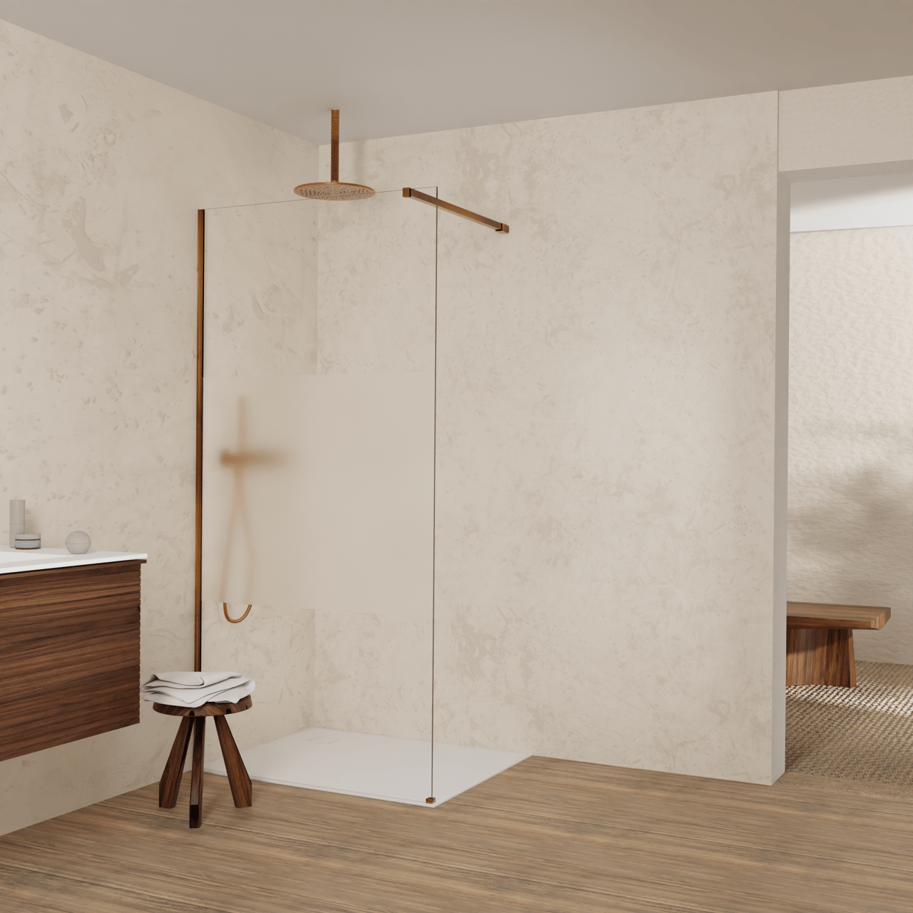 Balmani Modular douche à l'italienne: 100 x 200 cm, Verre transparent avec bande matte, Profil Brushed Rosegold