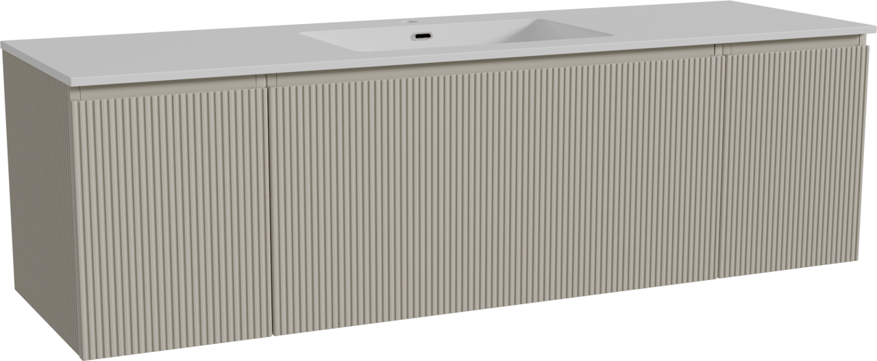 Storke Ribs zwevend badmeubel 165 x 52 cm zijdegrijs met Diva enkele wastafel in composietmarmer hoogglans wit, Verticale symmetrische rechte ribbel