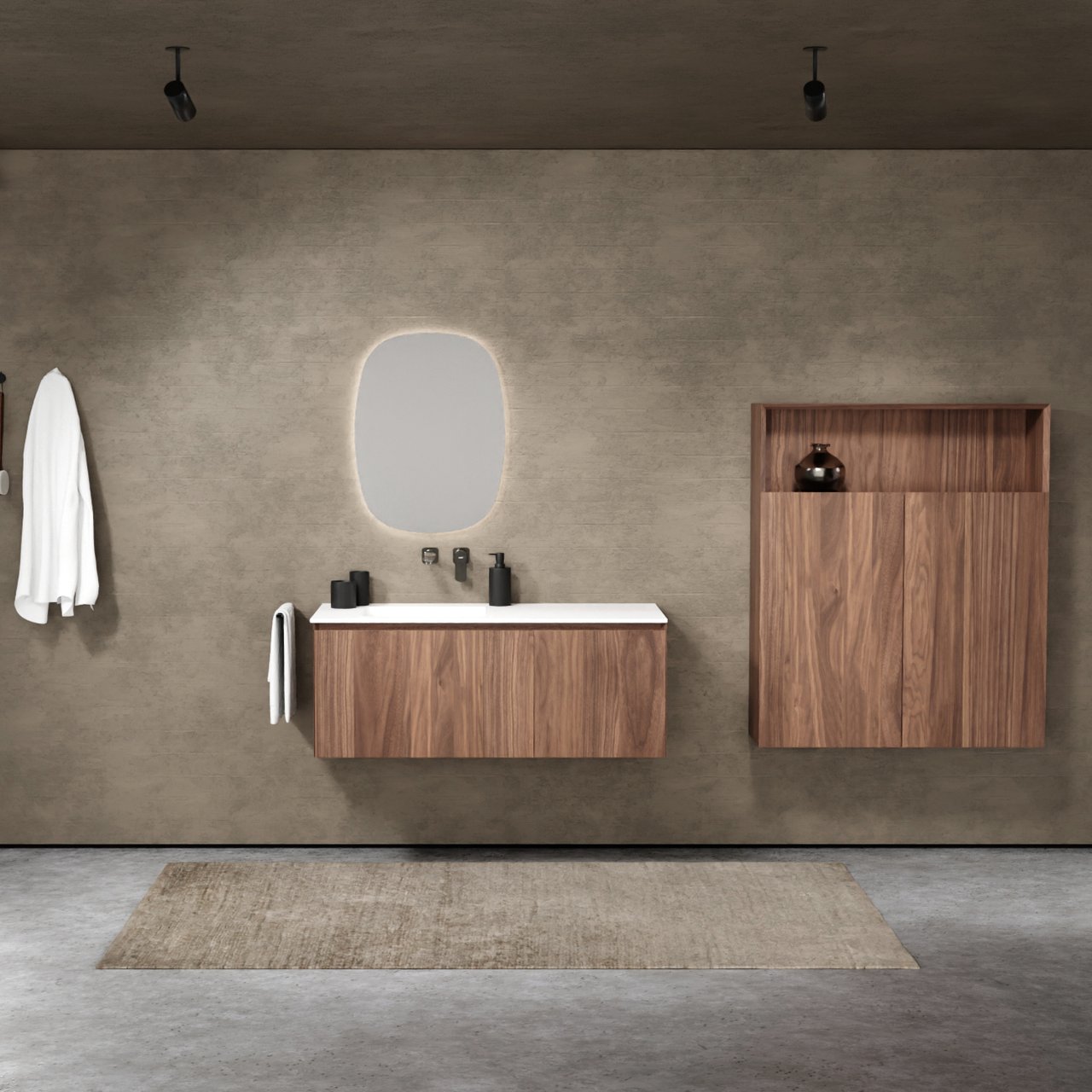 Balmani Idra hängendes Möbelstück Set: 120 x 55 cm, Nussbaum, mit Tablo Arcato Waschtisch links, Solid Surface Weiß matt