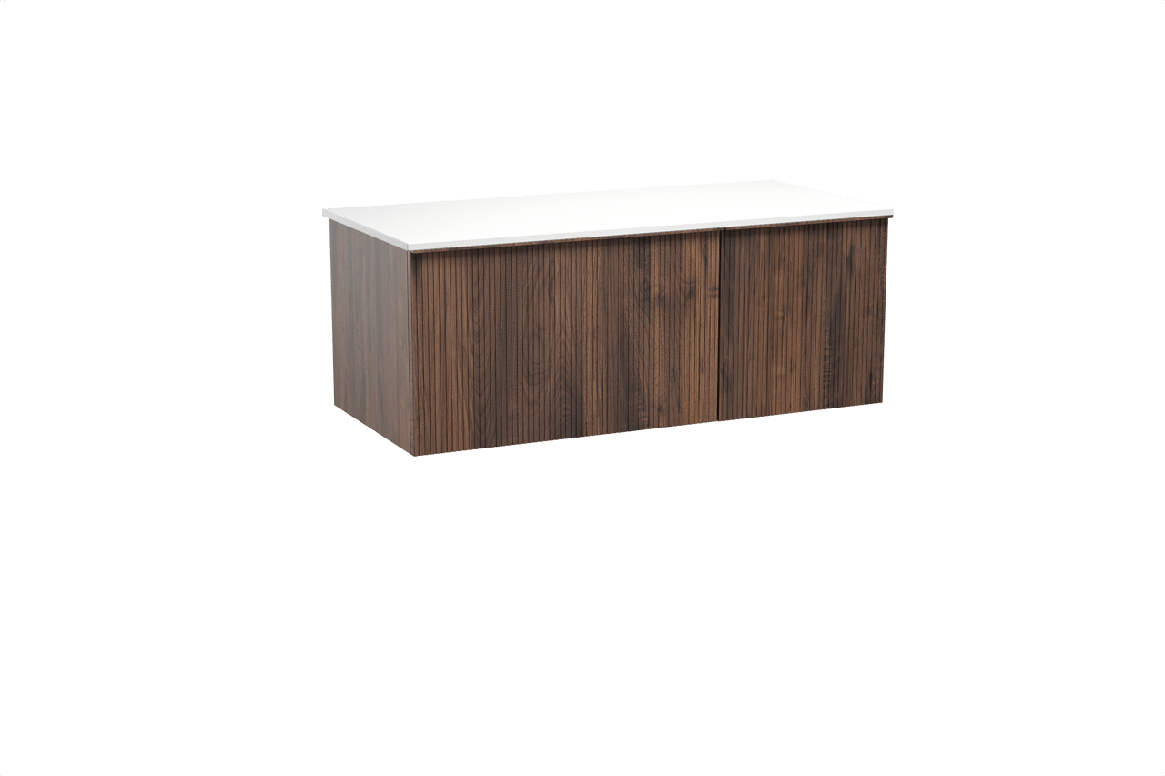 Balmani Forma zwevend badmeubel 120 x 55 cm amerikaans notenhout met Stretto enkel of dubbel wastafelblad in solid surface mat wit, Verticale symmetrische rechte ribbel