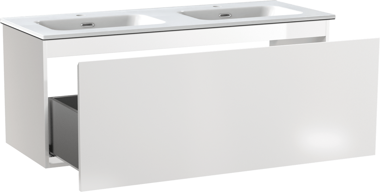 Linie Lado meuble salle de bains suspendu 120 x 46 cm blanc brillant avec Baro double vasque en porcelaine blanc brillant