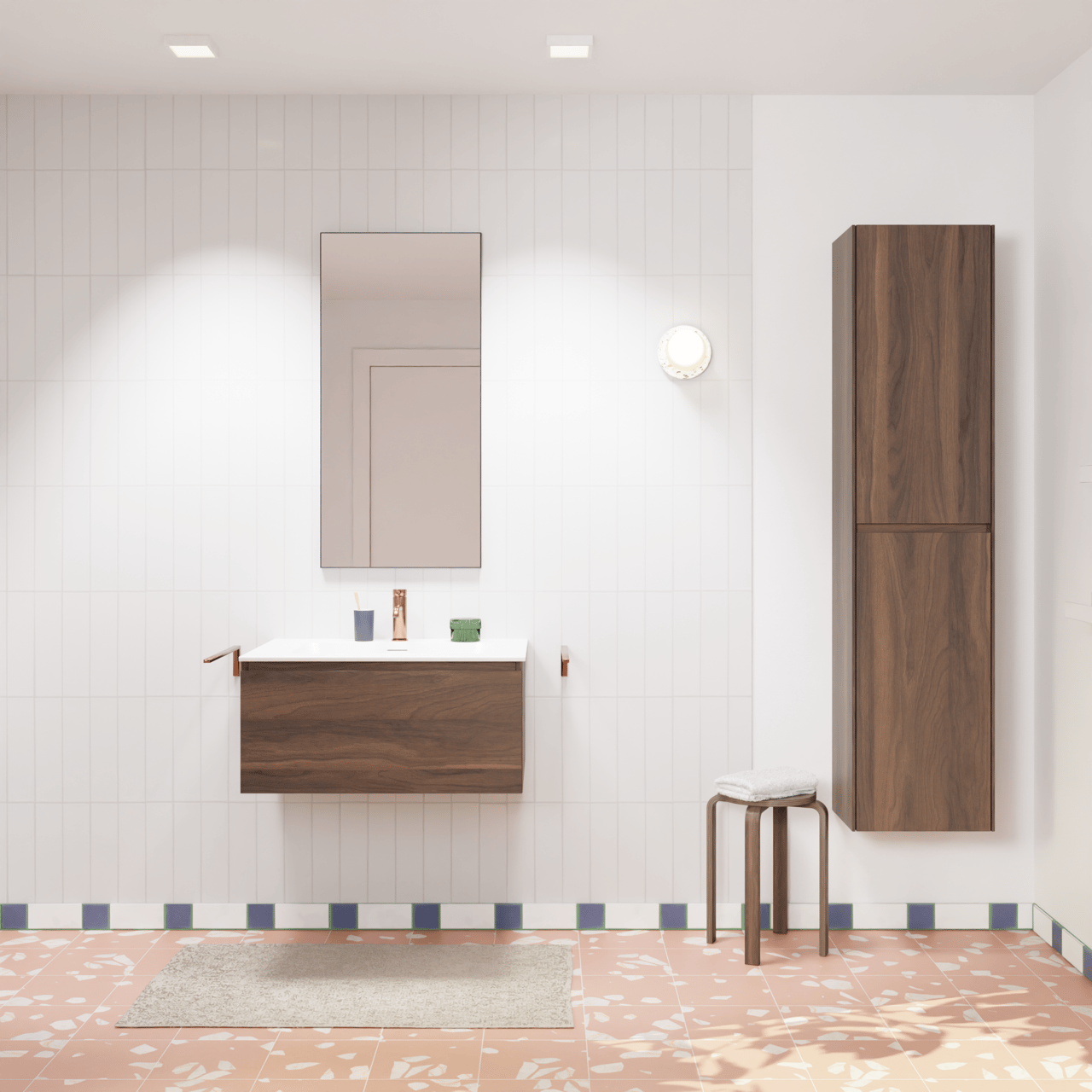 Storke Edge zwevend badmeubel 75 x 52 cm notenhout met Mata enkele wastafel in solid surface mat wit