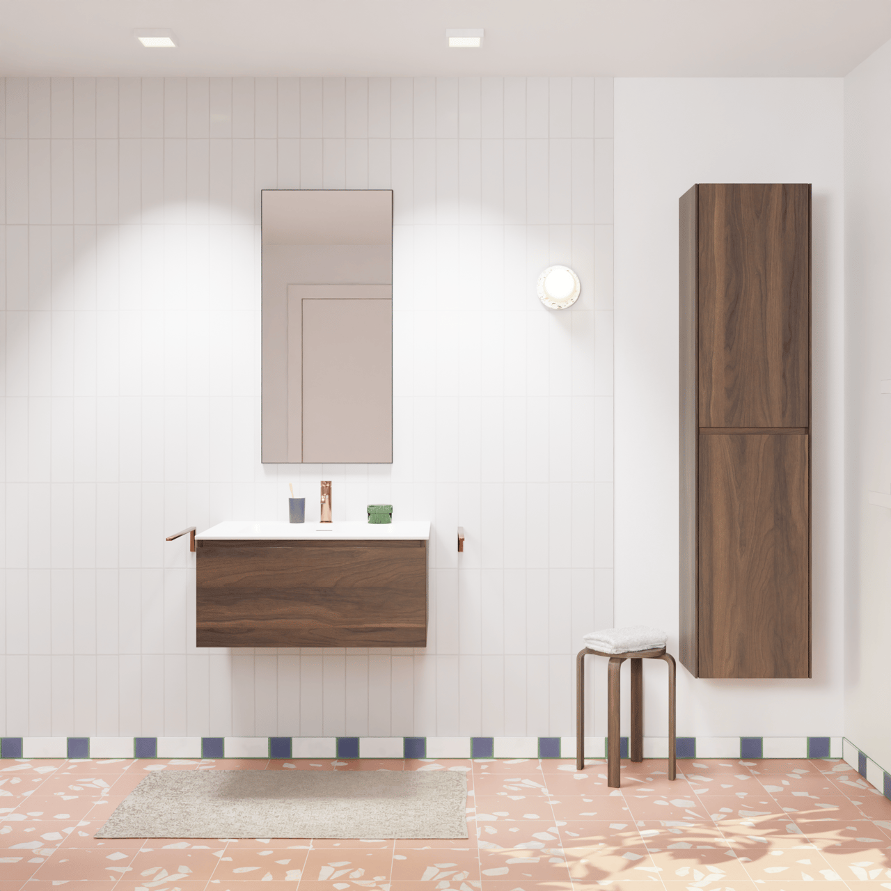 Storke Edge zwevend badkamermeubel 75 x 52 cm notelaar met Mata enkele wastafel in solid surface mat wit