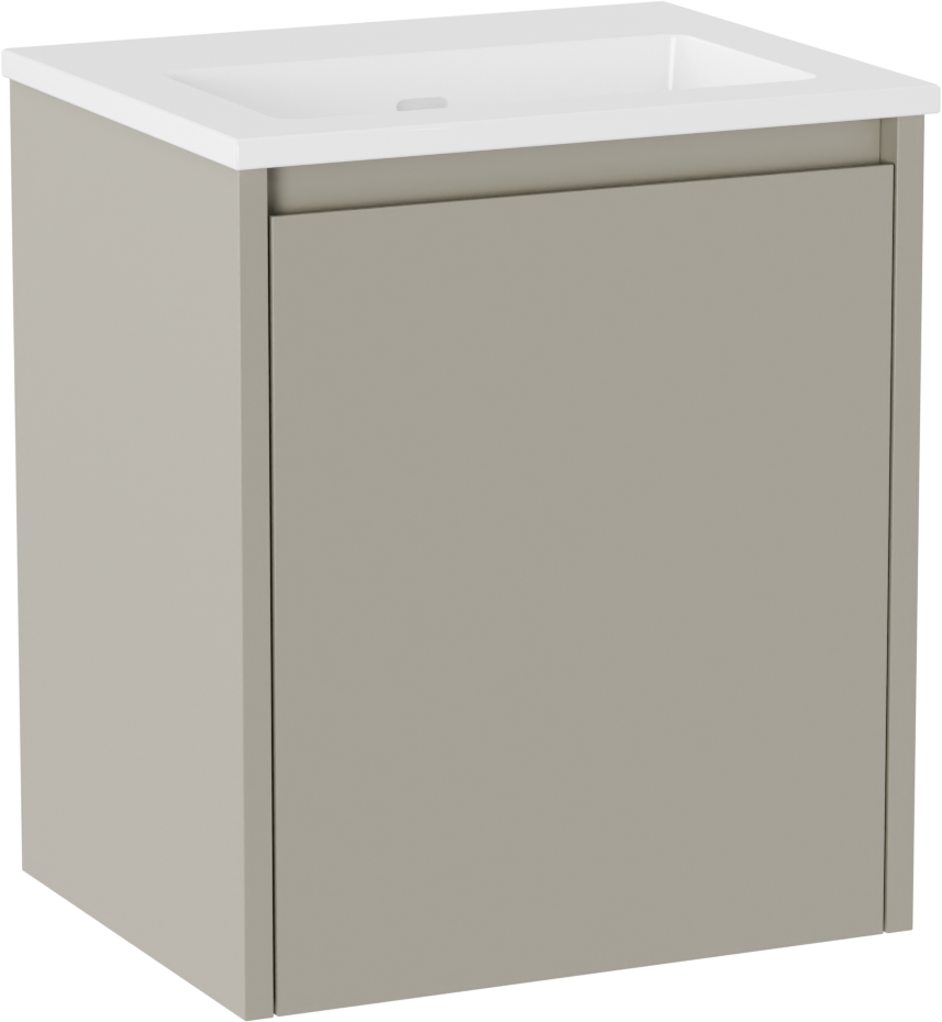 Storke Seda zwevend badkamermeubel 45 x 35 cm zijdegrijs met Diva enkele wastafel in marmercomposiet glanzend wit