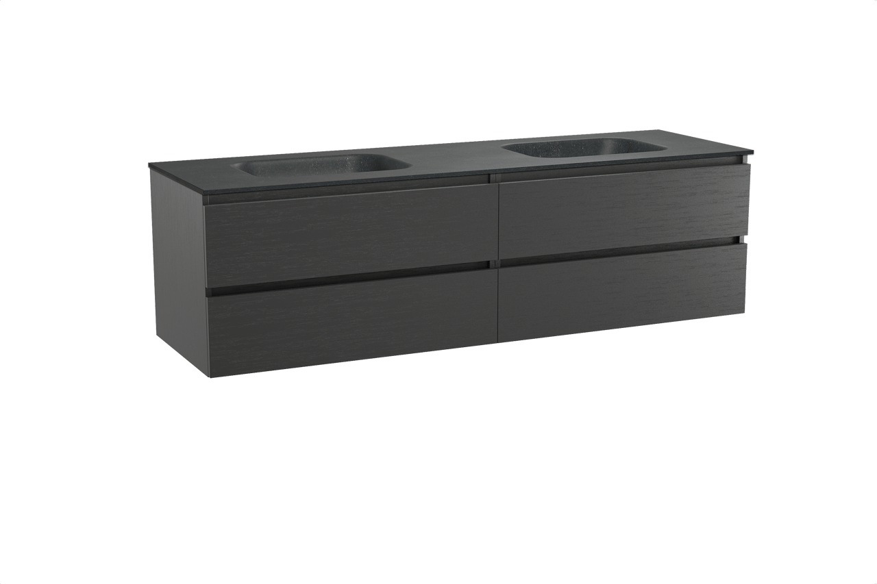 Balmani Lucida hängendes Möbelstück Set: 180 x 55 cm, Schwarze Eiche, mit Tablo Arcato Doppelwaschtisch, Schwarzes Granit