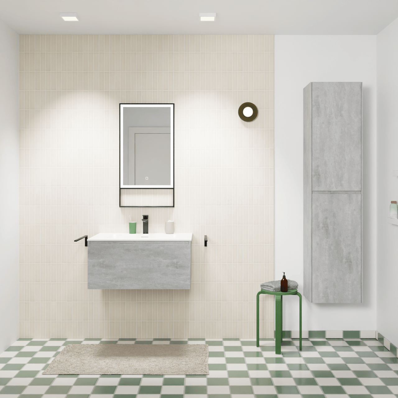 Storke Edge hängendes Möbelstück Set: 75 x 52 cm, Beton dunkelgrau, mit Mata Einzelwaschtisch, Solid Surface Weiß matt