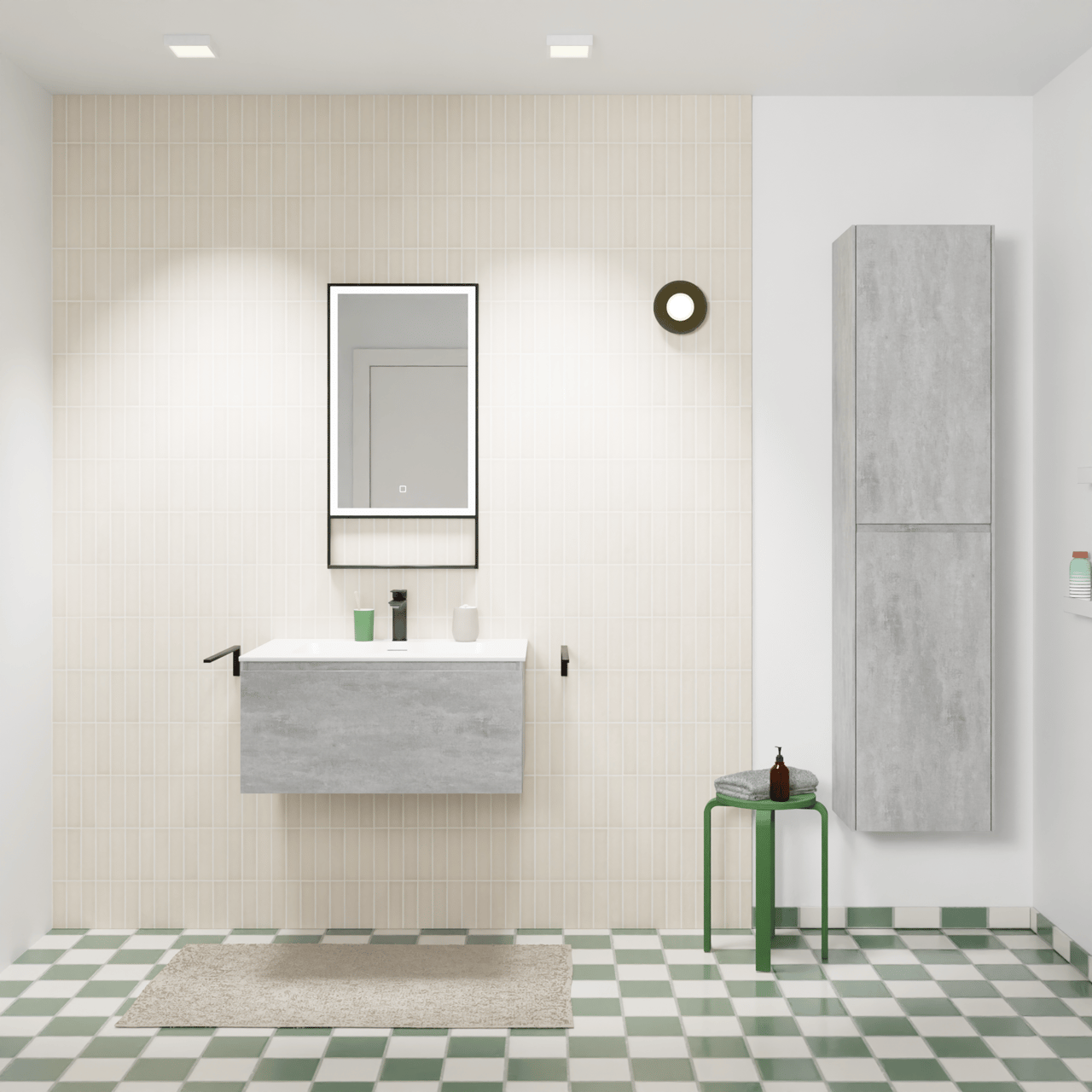 Storke Edge zwevend badkamermeubel 75 x 52 cm beton donkergrijs met Mata enkele wastafel in solid surface mat wit